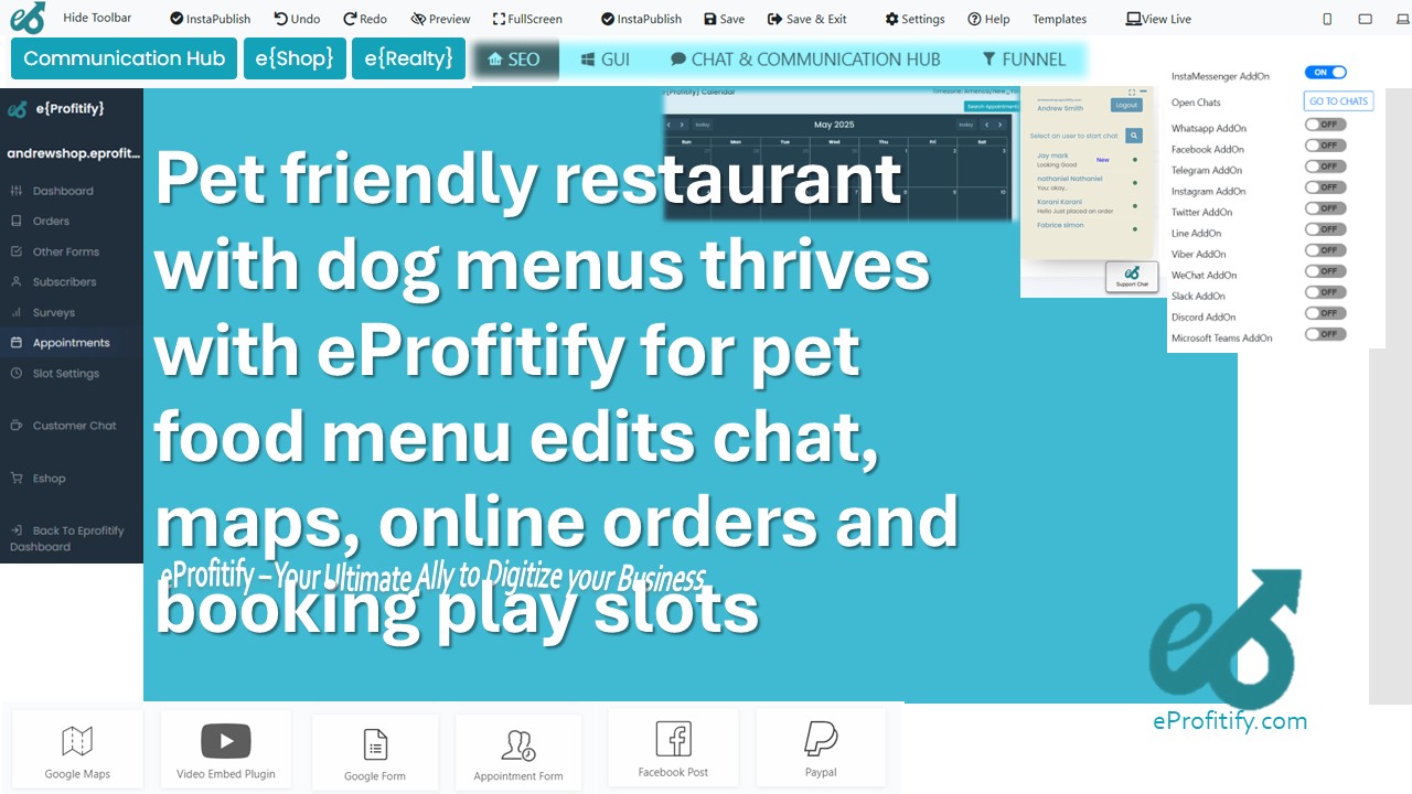 Pet friendly restaurant with dog menus thrives with eProfitify for pet food menu edits chat, maps, online orders and booking play slots